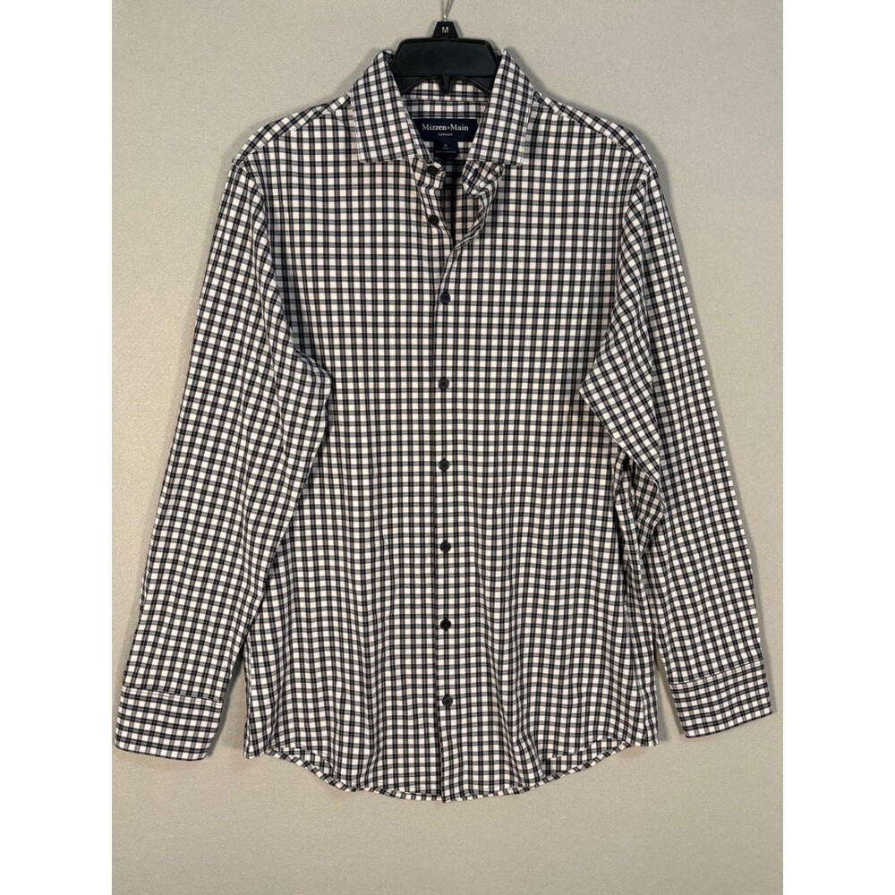 NWOT Mizzen Main Leeward Performance Shirt Mens M Black Plaid Button Up Trim